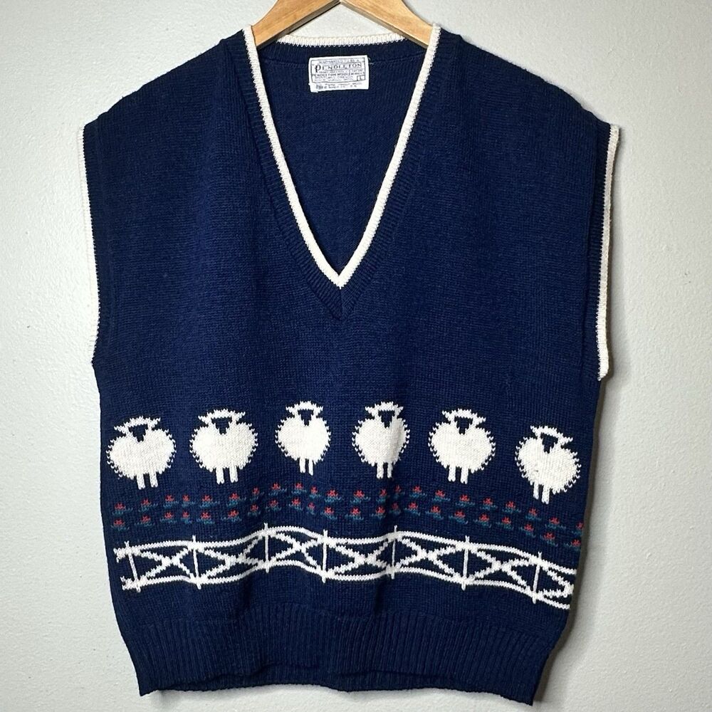 VTG 80s Pendleton Wool Sweater Vest Size L Navy Lamb Print Cottagecore Whimsical